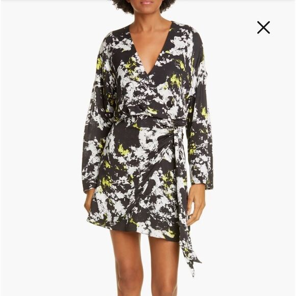 Alice + Olivia Ophelia Faux Wrap Long Sleeve Minidress Viscose Black White US 6 - Picture 1 of 15